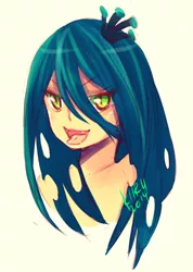 Size: 600x845 | Tagged: safe, artist:kiirusama, derpibooru import, queen chrysalis, human, bare shoulder portrait, fangs, humanized, looking at you, open mouth, portrait, smiling, solo, tongue out