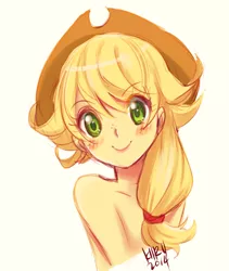 Size: 400x474 | Tagged: applejack, artist:kiirusama, bare shoulder portrait, blushing, derpibooru import, human, humanized, looking at you, portrait, safe, smiling, solo