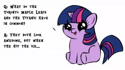 Size: 1194x668 | Tagged: derpibooru import, exploitable meme, filly, filly twilight sparkle, filly twilight telling an offensive joke, hockey, meme, nhl, obligatory pony, safe, solo, titanic, toronto maple leafs, twilight sparkle