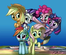 Size: 1250x1050 | Tagged: safe, artist:esuka, derpibooru import, applejack, fluttershy, pinkie pie, rainbow dash, rarity, twilight sparkle, twilight sparkle (alicorn), alicorn, pony, trade ya, daring do and the sapphire statue, fake moustache, female, mane six, mare