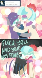 Size: 650x1200 | Tagged: 2 panel comic, annoyed, artist:alittleofsomething, ask, blushing, coco pebbles, coco pommel, comic, dialogue, drool, female, lesbian, lineless, looking at you, maud pie, out of character, shipping denied, suggestive, tumblr, vulgar