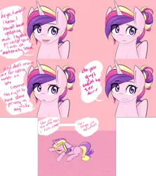 Size: 2560x2880 | Tagged: safe, artist:sugarberry, derpibooru import, princess cadance, princess skyla, pony, unicorn, ask-cadance, blushing, bun, comic, cute, eyes closed, floppy ears, grin, hair bun, looking at you, offspring, parent:princess cadance, parent:shining armor, parents:shiningcadance, prone, sleeping, smiling, speech bubble, tumblr