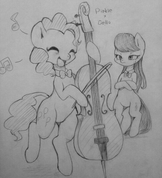 Size: 960x1055 | Tagged: safe, artist:ayahana, derpibooru import, octavia melody, pinkie pie, pony, bipedal, cello, grayscale, monochrome, musical instrument, traditional art