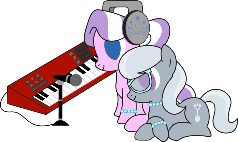 Size: 3153x1879 | Tagged: adorabullies, alternate hairstyle, artist:ideltavelocity, bracelet, cute, cutie mark, derpibooru import, diamond tiara, electric piano, headphones, inkscape, jewelry, microphone, missing accessory, necklace, pearl necklace, ponytail, prone, safe, silver spoon, simple background, smiling, transparent background, vector