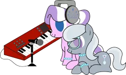 Size: 3153x1879 | Tagged: adorabullies, alternate hairstyle, artist:ideltavelocity, bracelet, cute, cutie mark, derpibooru import, diamond tiara, electric piano, headphones, inkscape, jewelry, microphone, missing accessory, necklace, pearl necklace, ponytail, prone, safe, silver spoon, simple background, smiling, transparent background, vector