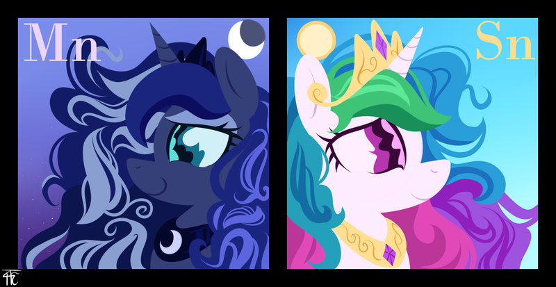 Size: 1550x800 | Tagged: safe, artist:wildberry-poptart, derpibooru import, princess celestia, princess luna, alicorn, pony, chemistry, chibi, crescent moon, day, elements, female, lidded eyes, manganese, mare, moon, night, smiling, sun, tin, wingding eyes