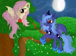 Size: 6500x4800 | Tagged: safe, artist:law44444, derpibooru import, fluttershy, princess luna, bat pony, pony, absurd resolution, apple, female, field, flutterbat, lesbian, lunabat, lunashy, moon, night, race swap, s1 luna, shipping, stars, tree