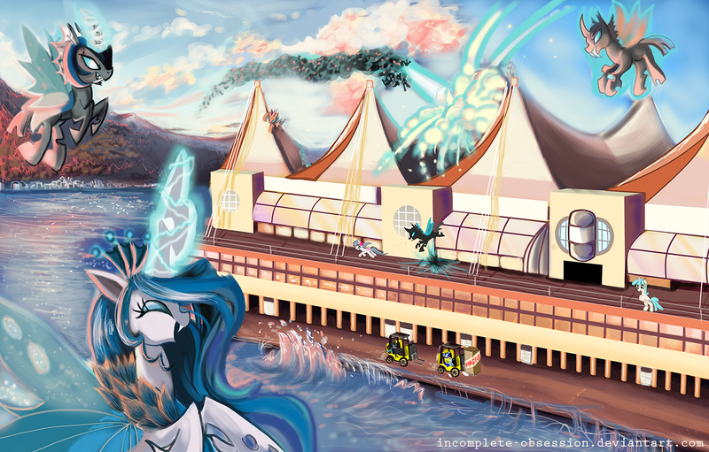 Size: 1280x817 | Tagged: artist:incomplete-obsession, bronycan, canada place, changeling, changeling queen, changeling queen oc, derpibooru import, female, forklift, ice changeling, invasion, oc, oc:queen volucris, safe, unofficial characters only