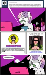 Size: 1189x1920 | Tagged: ankle-sock moustache man, artist:catfood-mcfly, ask, comic, computer, derpibooru import, disappointed, engrish, fury belle, human, irl, irl human, laptop computer, mug, photo, safe, sunglasses, sweetie belle, tommy wiseau, tumblr, website