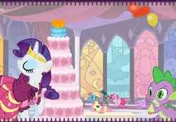 Size: 716x498 | Tagged: safe, derpibooru import, derpy hooves, fluttershy, pinkie pie, rainbow dash, rarity, spike, dragon, earth pony, pegasus, pony, unicorn, balloon, bowl, cake, candle, castle creator, clothes, cupcake, dress, female, gala dress, lemon, male, mare, table, telescope