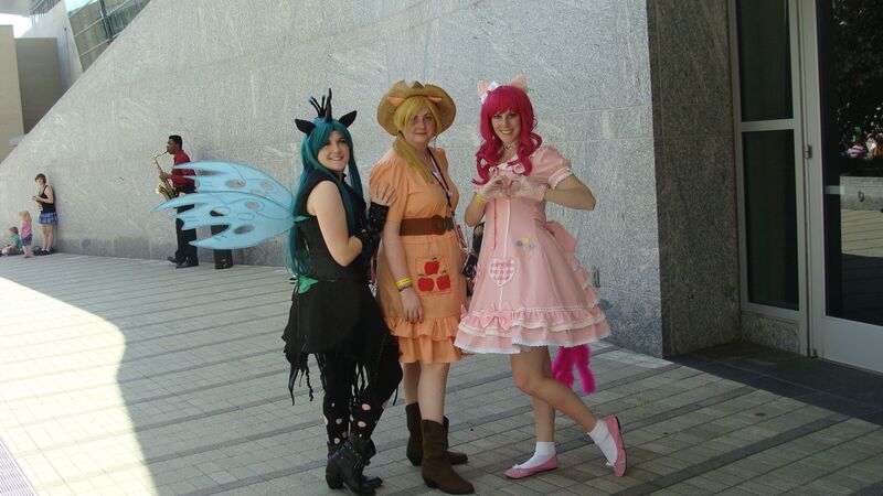 Size: 1920x1080 | Tagged: applejack, cosplay, derpibooru import, human, irl, irl human, photo, pinkie pie, queen chrysalis, safe