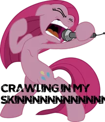 Size: 879x1024 | Tagged: angry, artist:ceehoff, artist:patec, bipedal, chester bennington, crawling in my skin, derpibooru import, eyes closed, floppy ears, linkin park, lyrics, microphone, open mouth, pinkamena diane pie, pinkie pie, safe, screaming, simple background, singing, solo, transparent background, vector, yelling