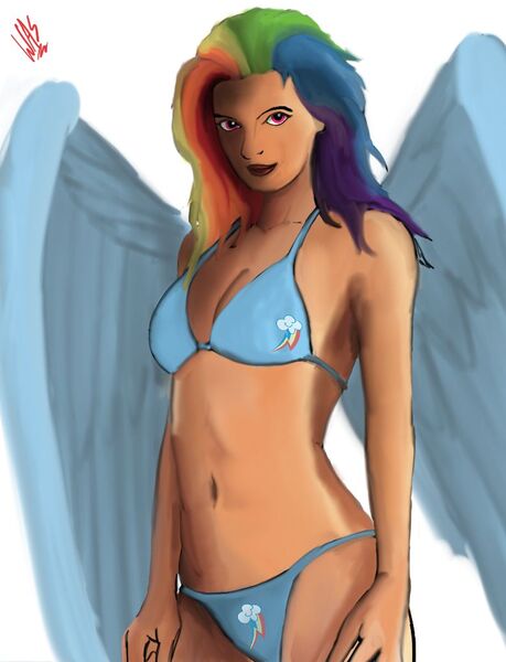 Size: 793x1036 | Tagged: artist:greyscaleart, belly button, bikini, cleavage, clothes, derpibooru import, female, human, humanized, rainbow dash, safe, solo, swimsuit