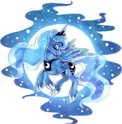 Size: 663x675 | Tagged: dead source, safe, artist:feyrah, derpibooru import, princess luna, alicorn, pony, backlighting, colored pencil drawing, eyes closed, full moon, head turn, mid-flight, moon, simple background, smiling, solo, spread wings, traditional art, transparent background, wings