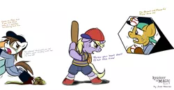 Size: 2224x1152 | Tagged: safe, artist:jcosneverexisted, derpibooru import, dinky hooves, pipsqueak, snails, pony, baseball, baseball bat, bipedal, clothes, crossover, crying, dialogue, earthbound, equestriabound, ness, scared, sweat