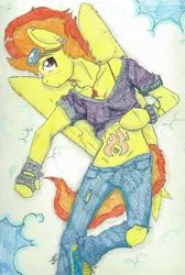 Size: 1024x1524 | Tagged: anthro, arm hooves, artist:spark-theory, belly button, bellyfire, bellyring, breasts, cloud, cloudy, derpibooru import, female, goggles, midriff, necklace, piercing, solo, solo female, spitfire, suggestive, tattoo