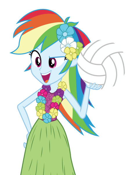 Size: 3125x4058 | Tagged: safe, artist:mohawgo, derpibooru import, rainbow dash, equestria girls, rainbow rocks, clothes, grass skirt, huladash, lei, simple background, skirt, solo, transparent background, vector, volleyball