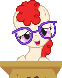 Size: 2530x3181 | Tagged: safe, artist:cloudyglow, derpibooru import, twist, earth pony, pony, call of the cutie, cute, daaaaaaaaaaaw, desk, female, filly, foal, glasses, high res, looking at you, open mouth, simple background, smiling, solo, transparent background, twistabetes, vector