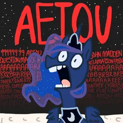 Size: 1280x1280 | Tagged: safe, artist:otter-cha0s, derpibooru import, princess luna, alicorn, pony, 999999999999999aeioubrbrbrbrb, aeiou, crown, dialogue, female, jewelry, mare, meme, moon, moonbase alpha, open mouth, peytral, regalia, solo, space, wide eyes