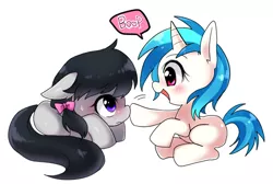 Size: 700x469 | Tagged: dead source, safe, artist:megarexetera, derpibooru import, octavia melody, vinyl scratch, pony, blushing, boop, bow, curled up, cute, eye contact, filly, floppy ears, hair bow, looking at each other, open mouth, prone, simple background, sitting, smiling, speech bubble, sweat, tavibetes, vinylbetes, white background, younger