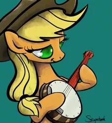 Size: 1391x1530 | Tagged: applejack, artist:stupchek, banjo, derpibooru import, musical instrument, safe, simple background, solo