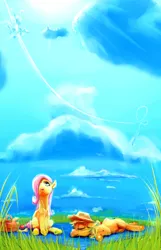 Size: 1529x2377 | Tagged: applejack, artist:sharpieboss, cloud, cloudy, fluttershy, flying, grass, hair over one eye, in the distance, looking up, lying, picnic, safe, sitting, sky, vertigo