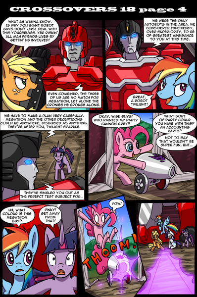 Size: 800x1206 | Tagged: safe, artist:kitfox-crimson, derpibooru import, applejack, pinkie pie, rainbow dash, rarity, twilight sparkle, comic:transformers vs my little pony, cannon, comic, crossover, ironhide, megatron, perceptor, transformers