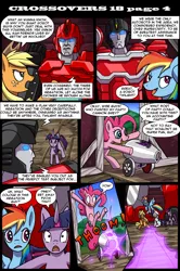 Size: 800x1206 | Tagged: safe, artist:kitfox-crimson, derpibooru import, applejack, pinkie pie, rainbow dash, rarity, twilight sparkle, comic:transformers vs my little pony, cannon, comic, crossover, ironhide, megatron, perceptor, transformers