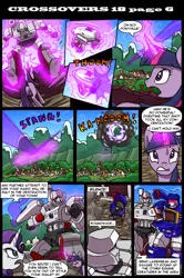 Size: 800x1206 | Tagged: safe, artist:kitfox-crimson, derpibooru import, rarity, twilight sparkle, comic:transformers vs my little pony, cannon, comic, crossover, force field, magic, megatron, record player, soundwave, transformers