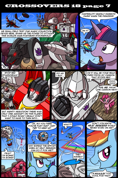 Size: 800x1210 | Tagged: artist:kitfox-crimson, balloon, canterlot castle, comic, comic:transformers vs my little pony, crossover, derpibooru import, laserbeak, megatron, rainbow dash, rarity, ravage, safe, starscream, transformers, twilight sparkle