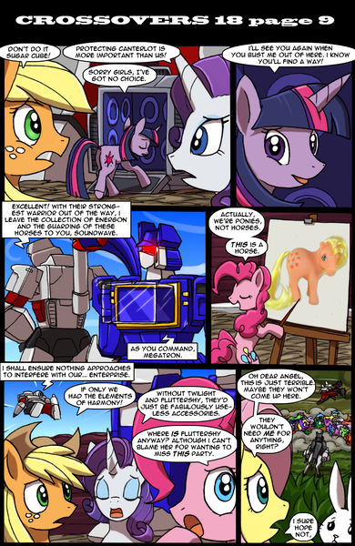 Size: 800x1232 | Tagged: applejack, applejack (g1), artist:kitfox-crimson, comic, comic:transformers vs my little pony, crossover, derpibooru import, fluttershy, laserbeak, megatron, pinkie pie, rarity, ravage, safe, soundwave, toy, transformers, twilight sparkle