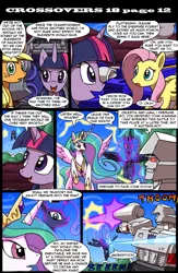 Size: 800x1224 | Tagged: safe, artist:kitfox-crimson, derpibooru import, applejack, fluttershy, princess celestia, princess luna, rarity, twilight sparkle, comic:transformers vs my little pony, blast, comic, crossover, magic, magic blast, megatron, transformers