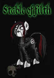 Size: 1006x1457 | Tagged: safe, artist:dreadcoffins, derpibooru import, ponified, pony, blackletter, cradle of filth, dani filth, dead, earring, human skull, lip piercing, metal, piercing, skull, solo, tail wrap