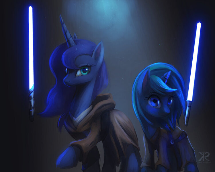 Size: 900x720 | Tagged: safe, artist:raikoh, derpibooru import, princess luna, oc, oc:moonlight silk, alicorn, unicorn, duo, duo female, female, jedi, lightsaber, old republic, padawan, star wars