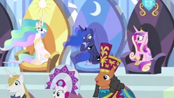 Size: 1280x720 | Tagged: alicorn thrones, derpibooru import, duchess of maretonia, duke of maretonia, equestria games, equestria games (episode), ice mirror, neighbuchadnezzar, prince blueblood, princess cadance, princess celestia, princess luna, safe, screencap, sitting, throne