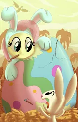 Size: 2227x3500 | Tagged: safe, artist:pirill, derpibooru import, angel bunny, fluttershy, dragon, pony, rabbit, bunny costume, bunnyshy, clothes, costume, cracked, cute, easter, easter egg, egg, female, fluffy, mouth hold, open mouth, paintbrush, painting, tongue out