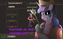 Size: 1280x800 | Tagged: alicorn, anthro, artist:tezcatl-ayauhtli, breasts, cleavage, derpibooru import, possessed, semi-grimdark, sniper, spanish, team fortress 2, twilight sparkle