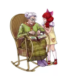 Size: 833x900 | Tagged: apple bloom, artist:yanabau, book, chair, clothes, derpibooru import, dress, granny smith, human, humanized, photo album, rocking chair, safe, sitting, smiling