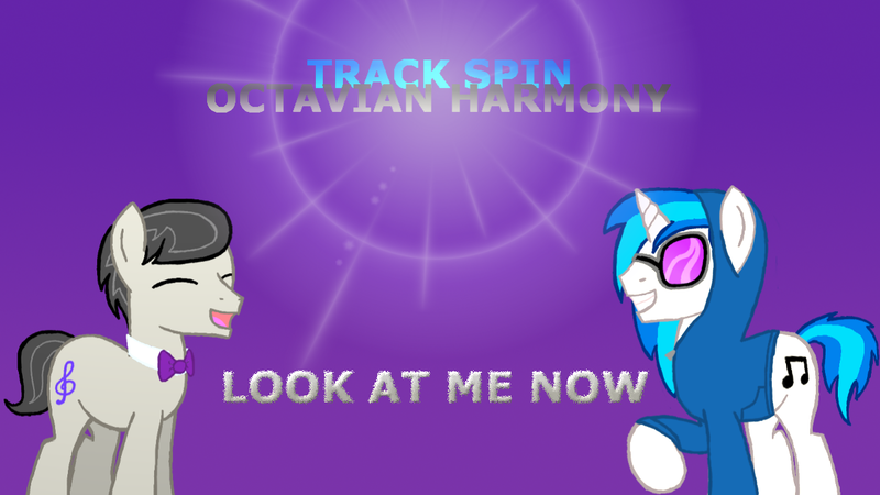 Size: 1280x720 | Tagged: artist:chatooka, bowtie, clothes, derpibooru import, gradient background, hoodie, lens flare, lighting, music, octavia melody, octavian harmony, octavius, promotional art, rule 63, safe, smiling, sunglasses, sweater, text, title, track spin, tumblr, vinyl scratch