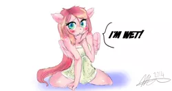 Size: 1280x678 | Tagged: safe, artist:mrscurlystyles, derpibooru import, oc, oc:cherry, ponified, unofficial characters only, anthro, anthro oc, blushing, captain obvious, covering, cute, floppy ears, frown, kneeling, looking at you, present, solo, spread legs, towel, wet