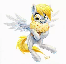 Size: 1163x1133 | Tagged: safe, artist:kaermter, derpibooru import, derpy hooves, pegasus, pony, female, mare, muffin, solo, traditional art