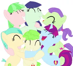 Size: 417x381 | Tagged: safe, artist:berrypunchrules, derpibooru import, blueberry cake, cherry crash, drama letter, mystery mint, starlight, tennis match, watermelody, ponified, earth pony, hybrid, pegasus, pony, unicorn, equestria girls, background human, base used, equestria girls ponified, group hug, ms paint