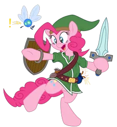 Size: 5460x5970 | Tagged: safe, artist:dfectivedvice, artist:twiforce, derpibooru import, pinkie pie, parasprite, pony, absurd resolution, bipedal, colored, cosplay, dexterous hooves, duo, female, hat, hoof hold, human pose, link, mare, navi, paraspritized, shield, simple background, solo, species swap, sword, the legend of zelda, transparent background, triforce, vector