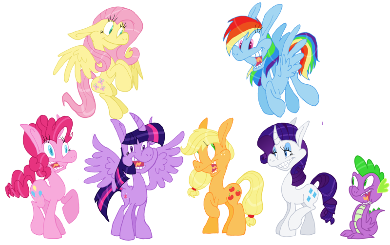 Size: 2988x1880 | Tagged: safe, artist:itoruna-the-platypus, derpibooru import, applejack, fluttershy, pinkie pie, rainbow dash, rarity, spike, twilight sparkle, twilight sparkle (alicorn), alicorn, pony, female, john kricfalusi, mare, ren and stimpy, style emulation