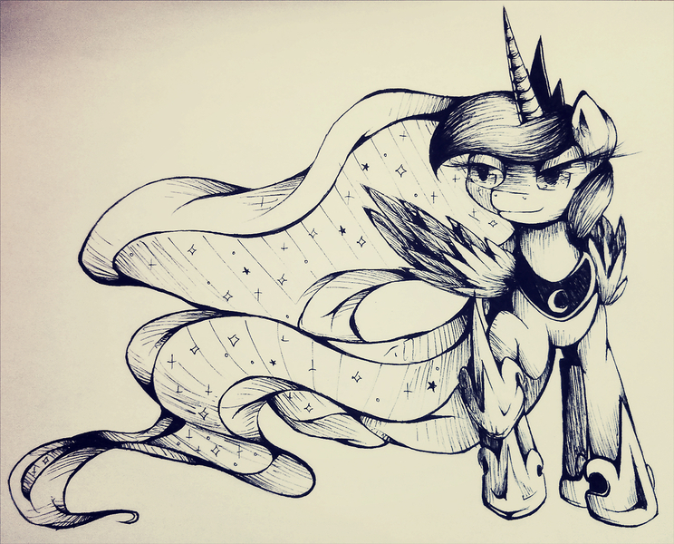 Size: 1280x1032 | Tagged: safe, artist:agletka, derpibooru import, princess luna, monochrome, photo, solo, traditional art