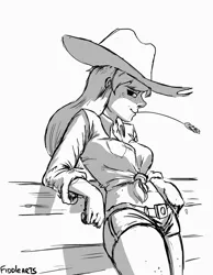 Size: 1280x1646 | Tagged: applejack, artist:fiddlearts, clothes, daisy dukes, dead source, derpibooru import, fence, front knot midriff, grayscale, human, humanized, midriff, monochrome, mouth hold, safe, solo