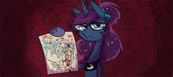 Size: 1000x442 | Tagged: safe, artist:herny, derpibooru import, princess luna, trixie, pony, unicorn, luna-afterdark, ask, drawing, female, glasses, lesbian, luxie, mantrix, mare, shipping, single panel, solo, transpony, tumblr