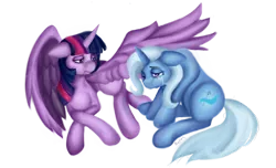 Size: 1147x696 | Tagged: safe, artist:bumblebeesandroses, derpibooru import, trixie, twilight sparkle, twilight sparkle (alicorn), alicorn, pony, crying, female, lesbian, mare, sad, shipping, simple background, transparent background, twixie