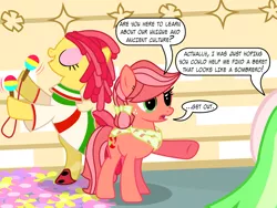 Size: 3200x2400 | Tagged: safe, artist:violetclm, derpibooru import, drama letter, fiesta flair, pepperdance, watermelody, ponified, equestria girls, background human, bandana, bow, cinco de mayo, clothes, dialogue, dress, equestria girls ponified, g3, g3 to g4, generation leap, get out, maracas, musical instrument