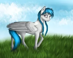 Size: 1600x1280 | Tagged: safe, artist:puggie, derpibooru import, oc, oc:rena heartstep, unofficial characters only, pegasus, pony, braid, cute, fluffy, grass, looking at you, pigtails, raised hoof, smiling, solo, wing fluff